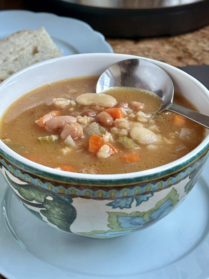 fifteen bean soup in blue bowl