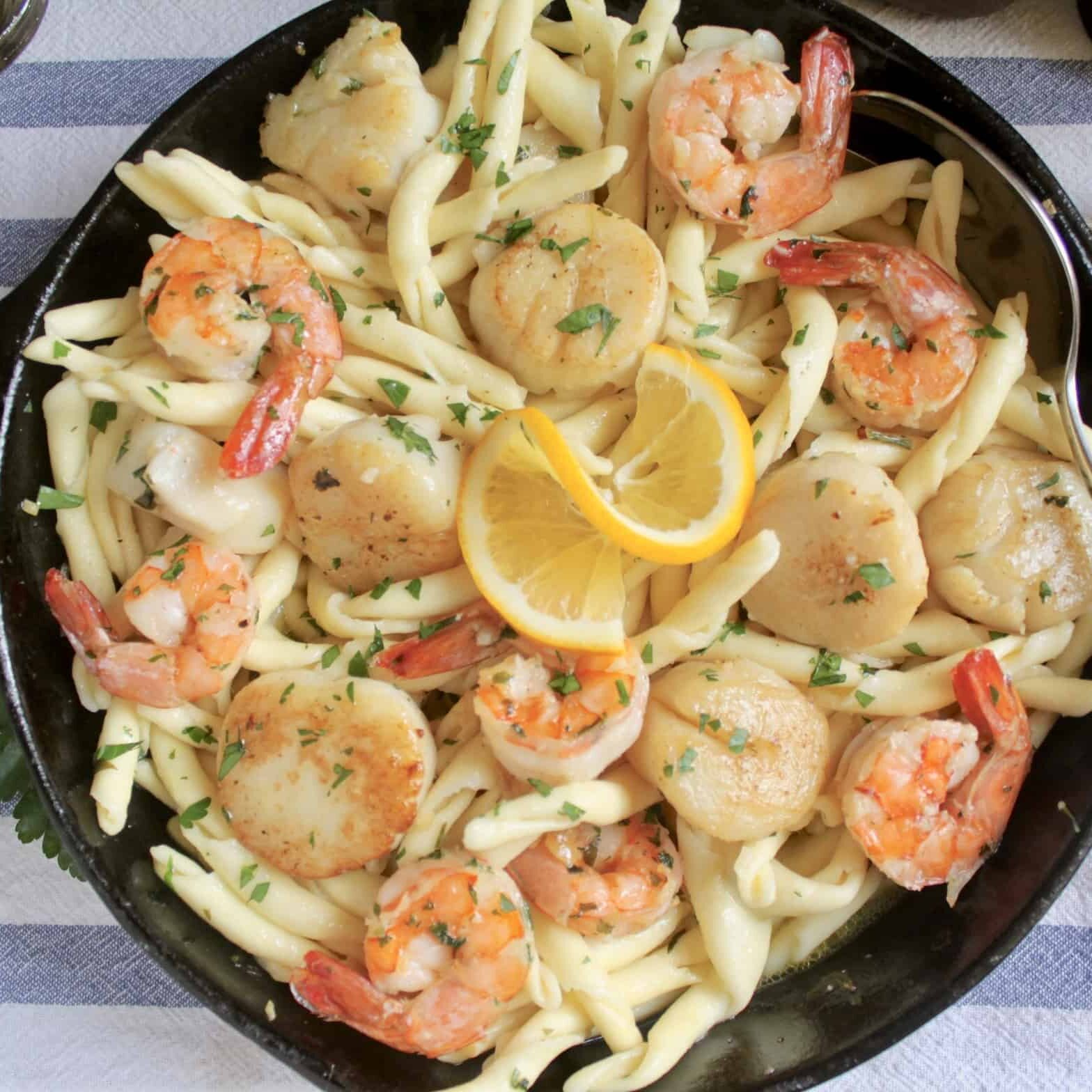 overhead seafood pasta in pan