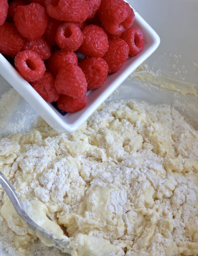 adding raspberries to batter