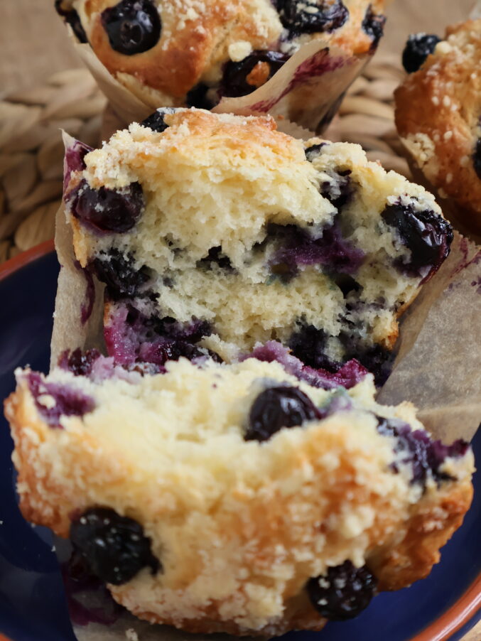 open blueberry crumble muffins
