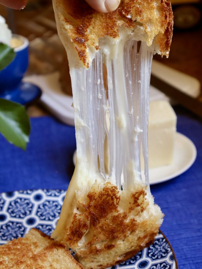 stretchy pull of mozzarella grilled cheese sandwich