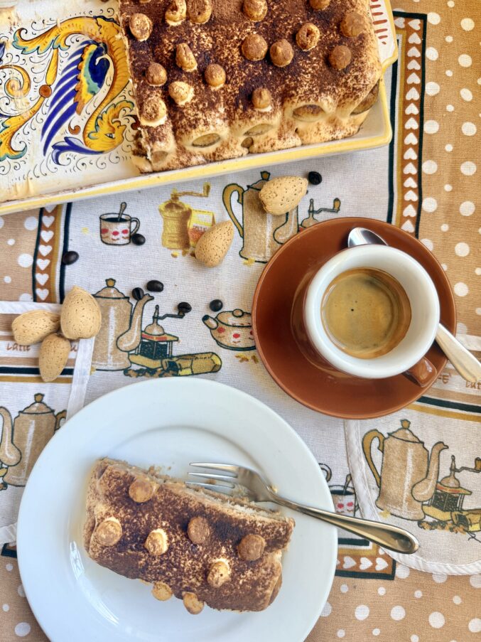Amaretto tiramisu overhead with espresso