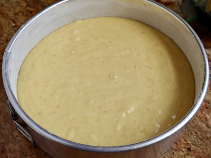 blender orange cake batter in pan