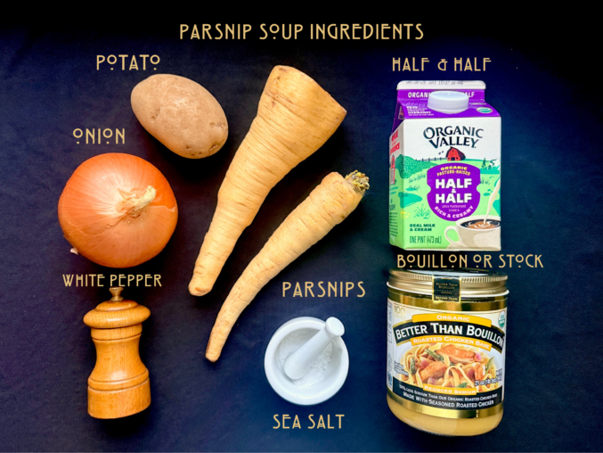 Parsnip soup ingredients with parsnips, potato, salt, onion, white pepper, stock or bouillon, and half and half products