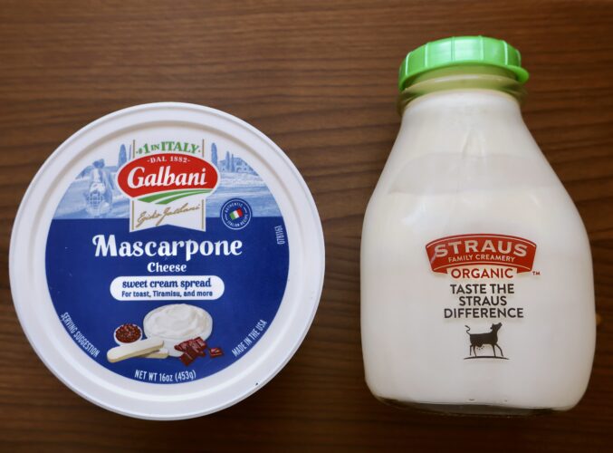 tub of mascarpone cheese and heavy whipping cream in a bottle