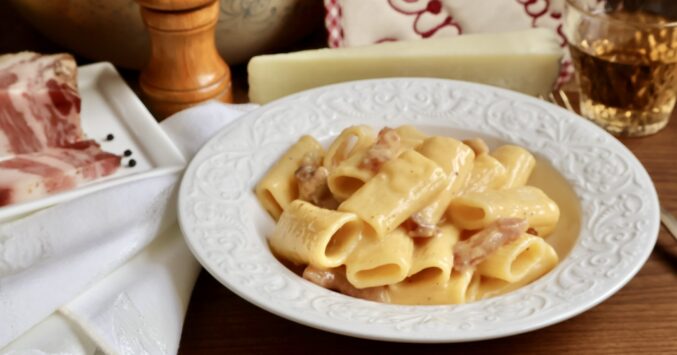 rigatoni alla carbonara in a bowl social