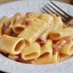 rigatoni alla carbonara in a bowl