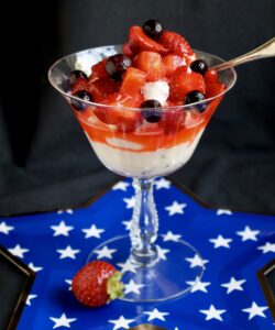 red, white and blue dessert in coupe glass