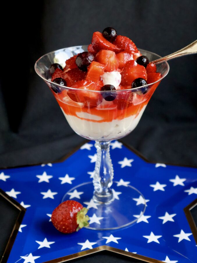 red, white and blue dessert in coupe glass