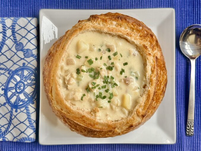 clam chowder place setting overhead