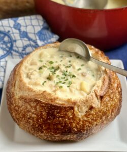 San Francisco clam chowder in boule