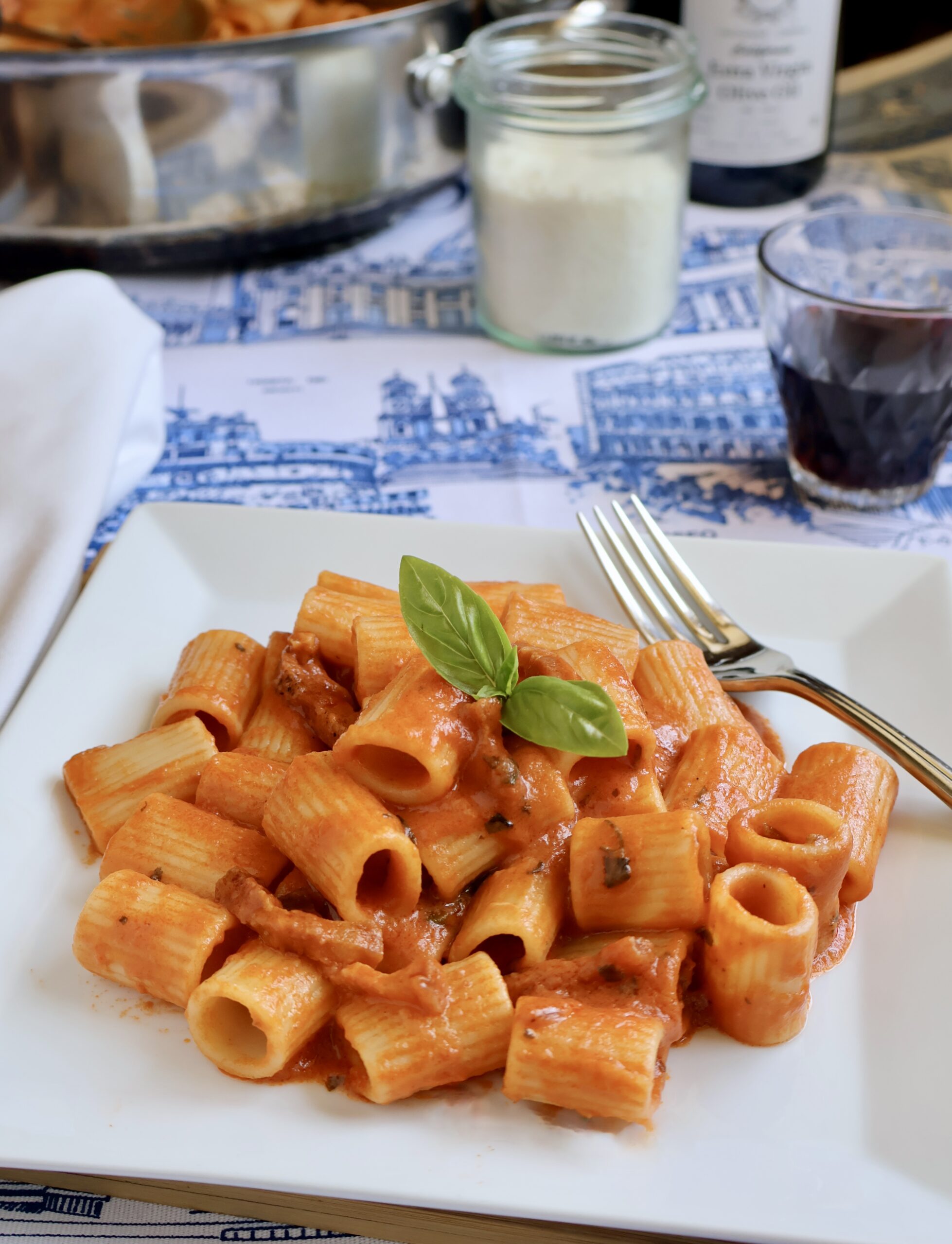 rigatoni alla vodka with wine glass