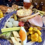ploughman's lunch on a Blue Willow plate