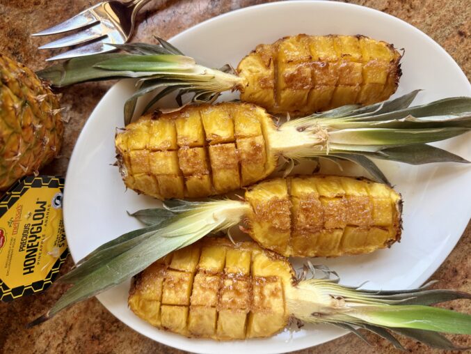 horizontal grilled pineapple on platter