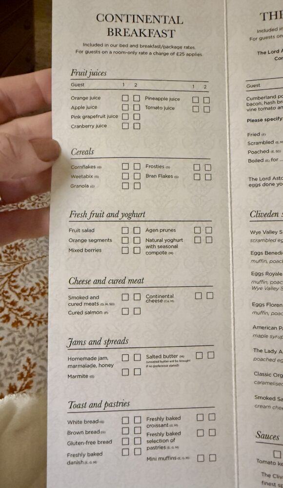 Cliveden breakfast menu card