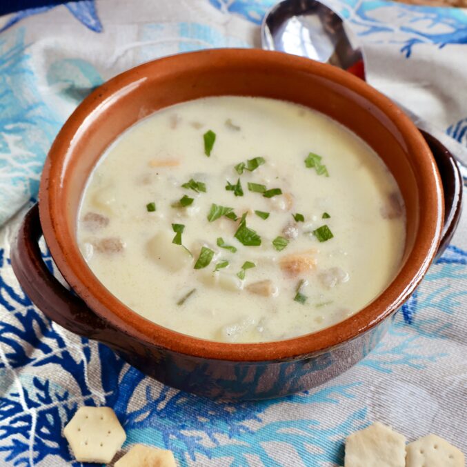 vertical clam chowder in crock