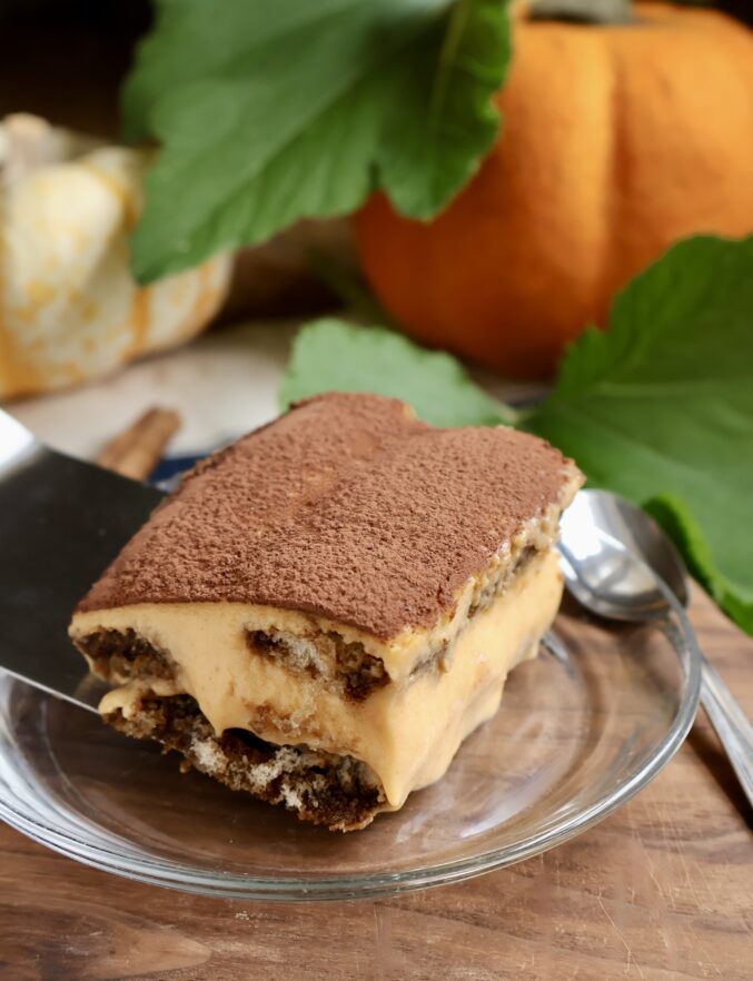pumpkin tiramisu with leaves and pumpkin