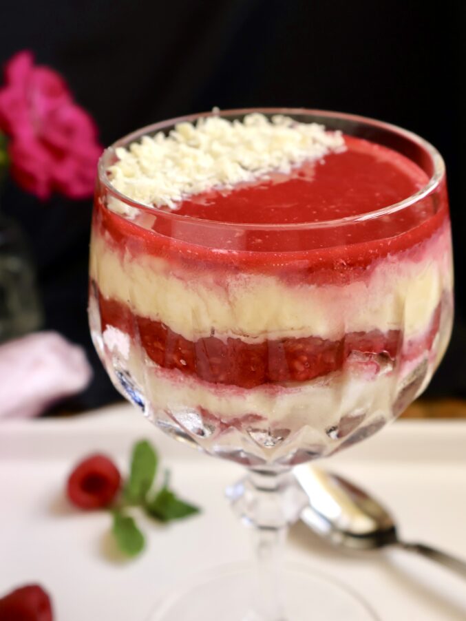 white chocolate on raspberry tiramisu