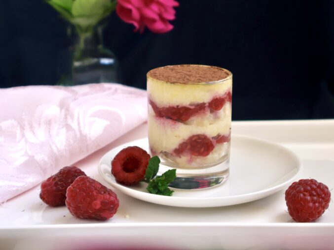 Cocoa topped raspberry trifle