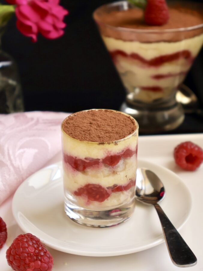 raspberry tiramisu with cocoa topping