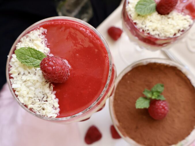 overhead with sauce and cocoa powder