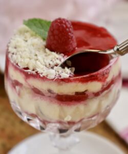 spoon in raspberry tiramisu
