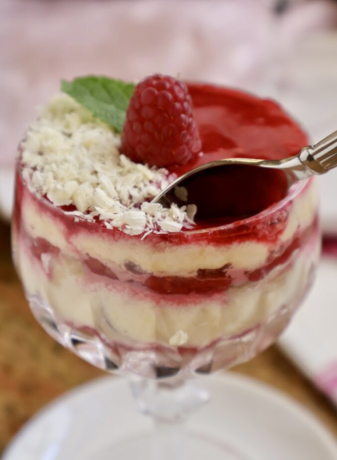 spoon in raspberry tiramisu